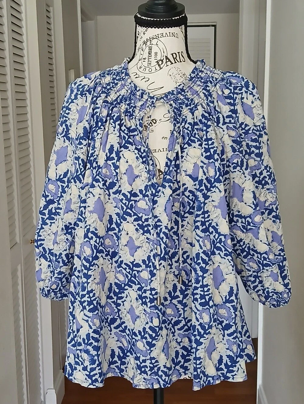 Free People Willow Printed Puff Sleeve Tie Neck Blouse